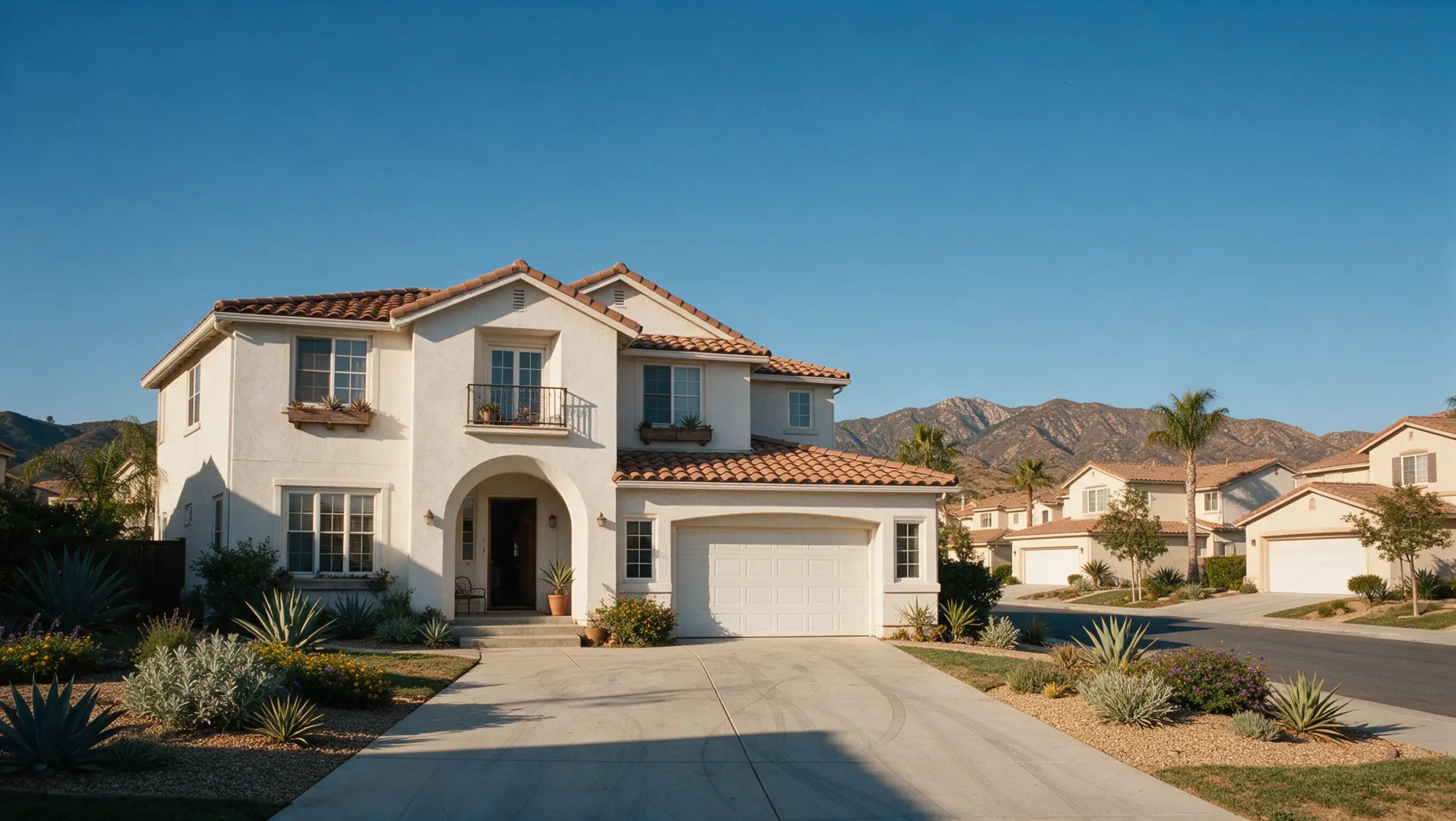 A street of stucco homes with tile roofs and two-car garages in Corona, with the Santa Ana Mountains behind.