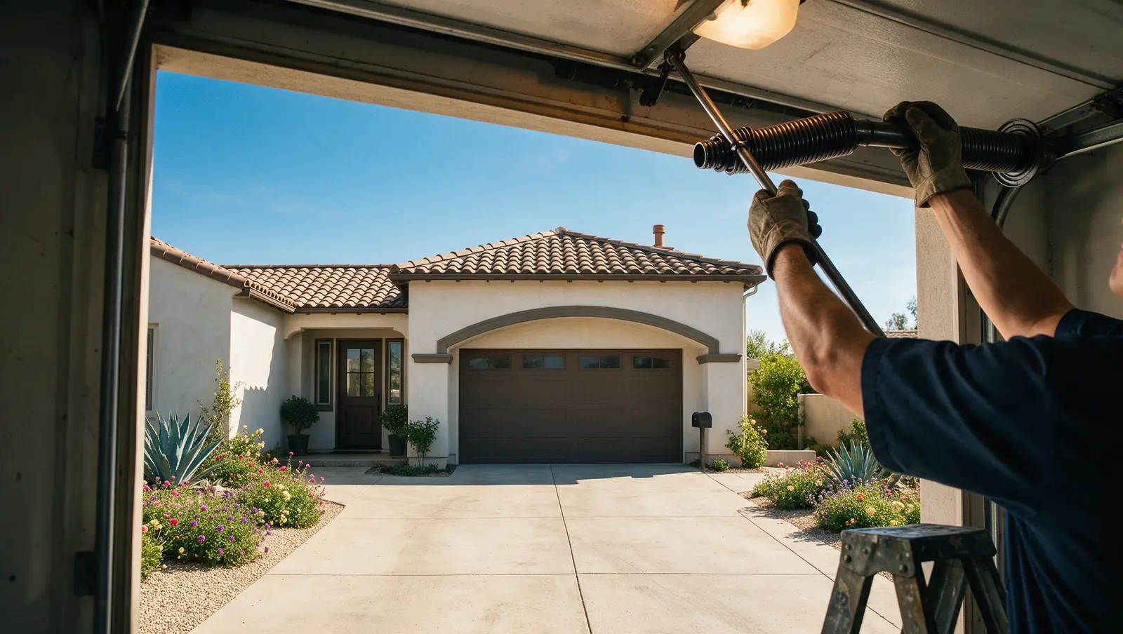 A technician on a ladder seating a winding bar in a new torsion spring above an open garage door.